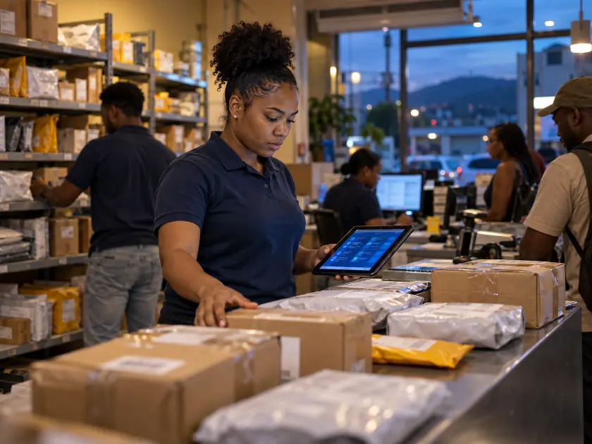 Courier office staff checking incoming parcels on a tablet