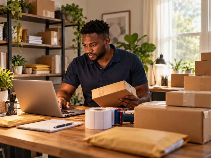 Package-forwarding business owner preparing parcels at a laptop