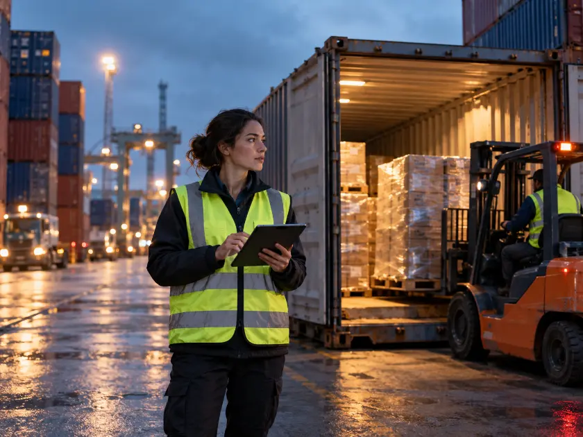 Freight forwarder with a tablet as pallets are loaded into a container